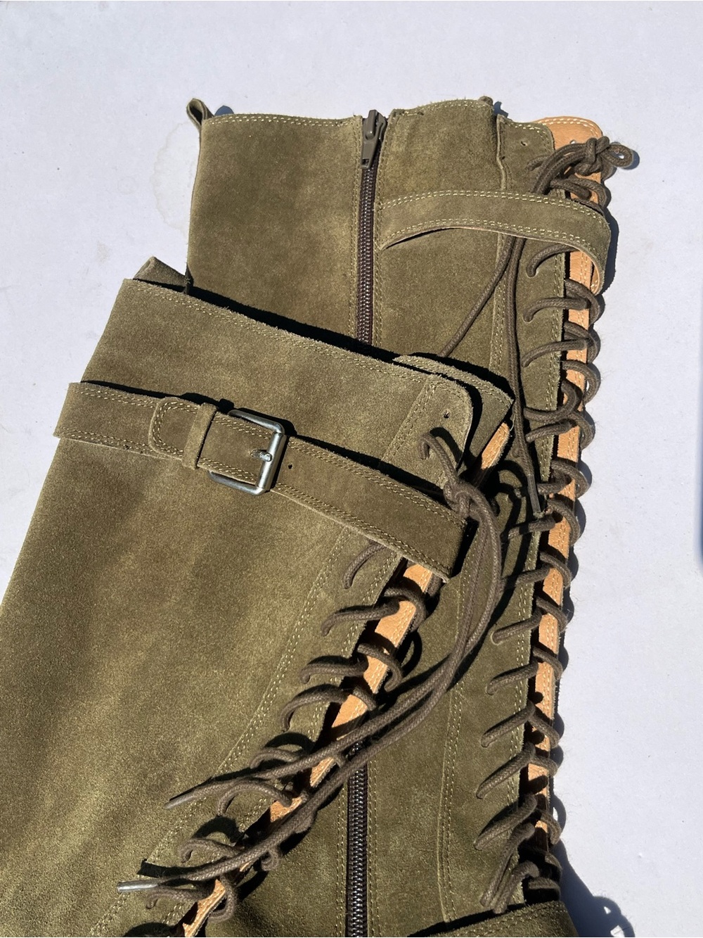 Lucky Brand Inniko Boots 8 Green Suede Lace Up Tall Buckle Moto Grunge Combat - Picture 10 of 16